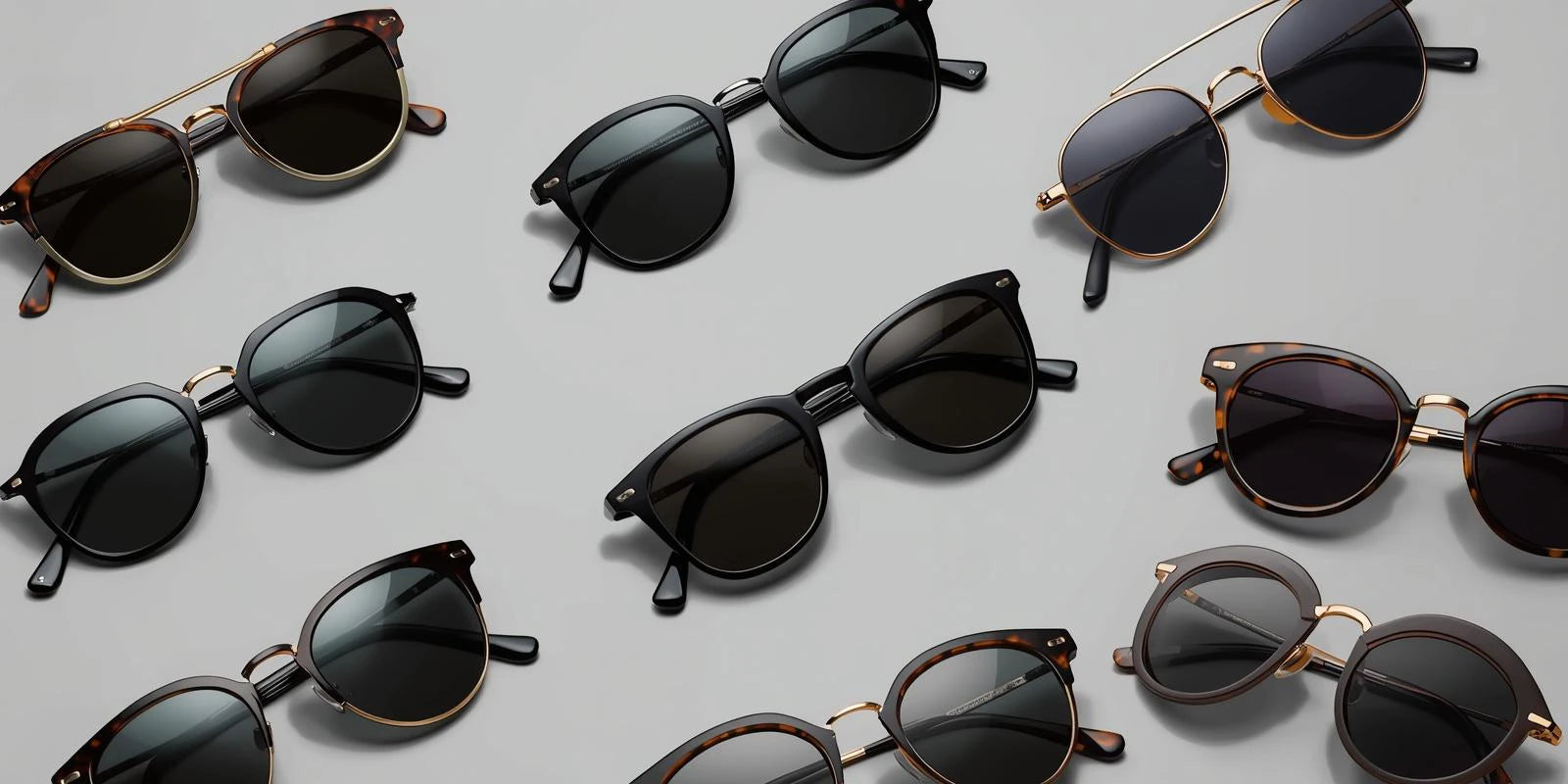 Multiple pairs of sunglasses arranged in a pattern on a light gray background